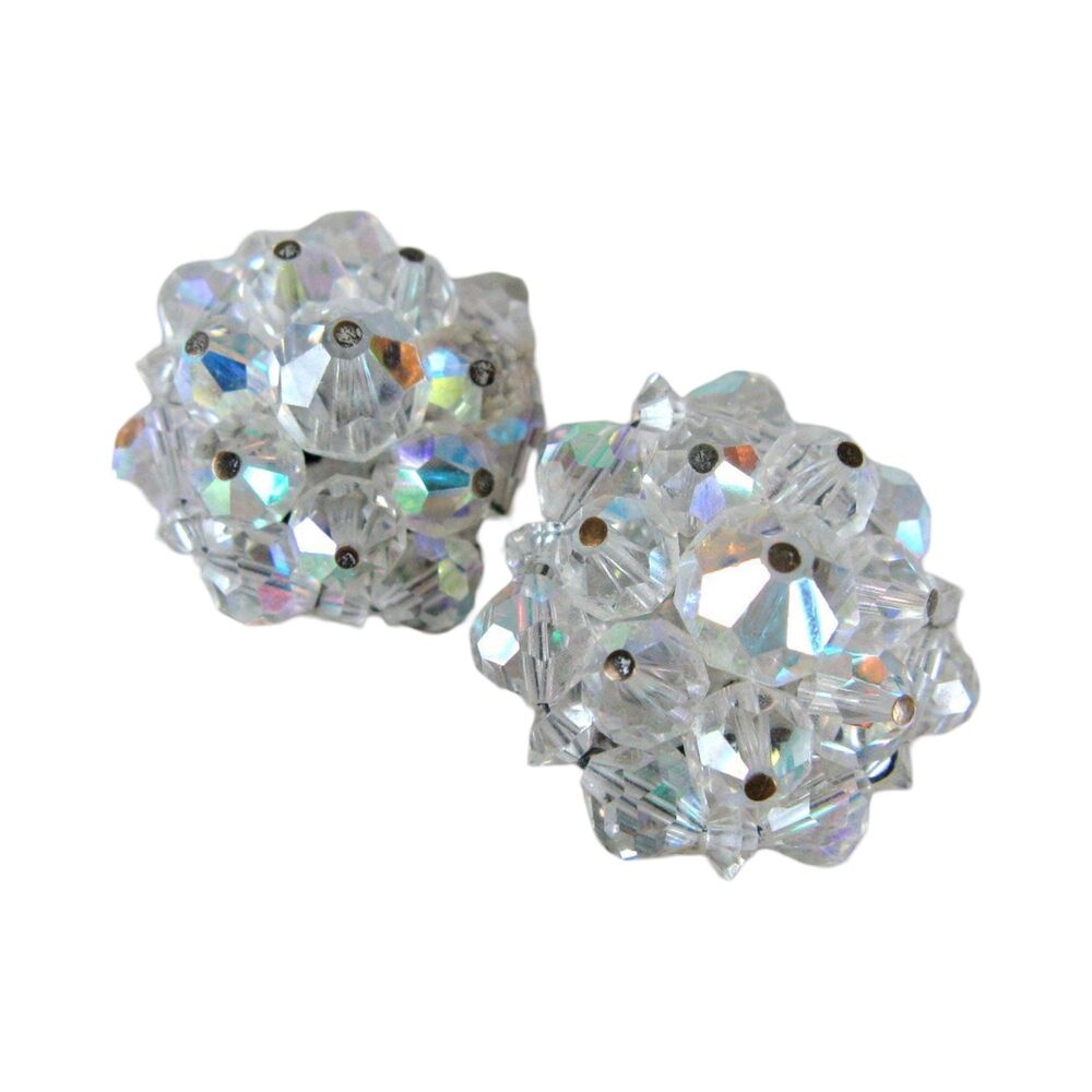 Vintage 50s 1950s Beaded Crystal Clip Earrings Silver Tone Metal Unsigned